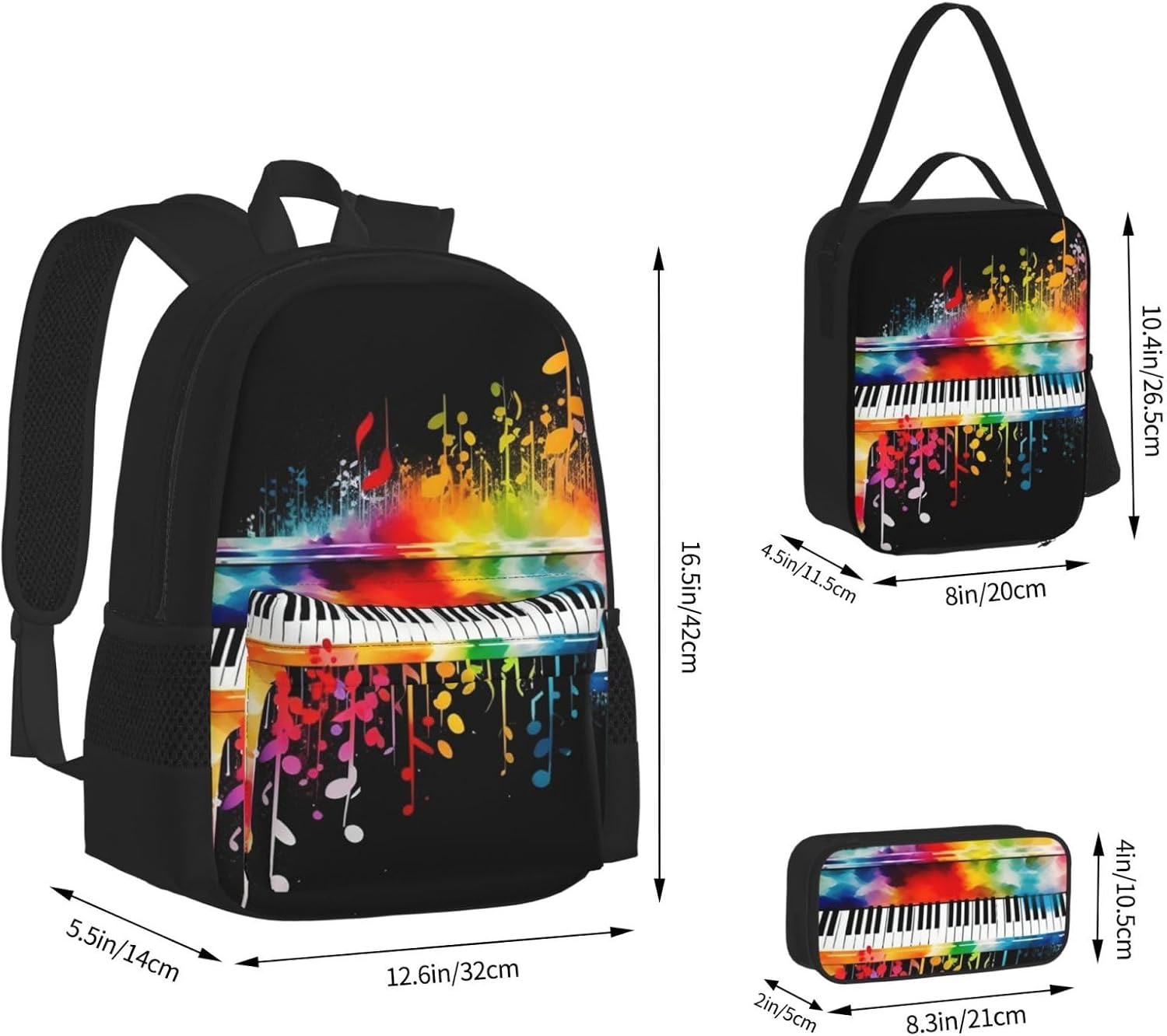 3PCS Colorful Piano Keyboard Music Note Backpack Sets with Insulated Lunch Bag Pencil Case, 17inch Lightweight Laptop Backpack Shoulder Lunch Box and Pencil Bag for Women Men Travel Bags image 2