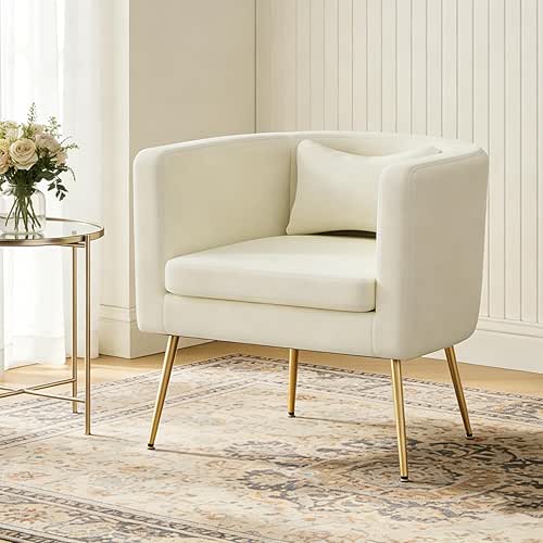 Vinahomar Velvet Accent Chair, Modern Barrel Armchair with Lumbar Pillow
