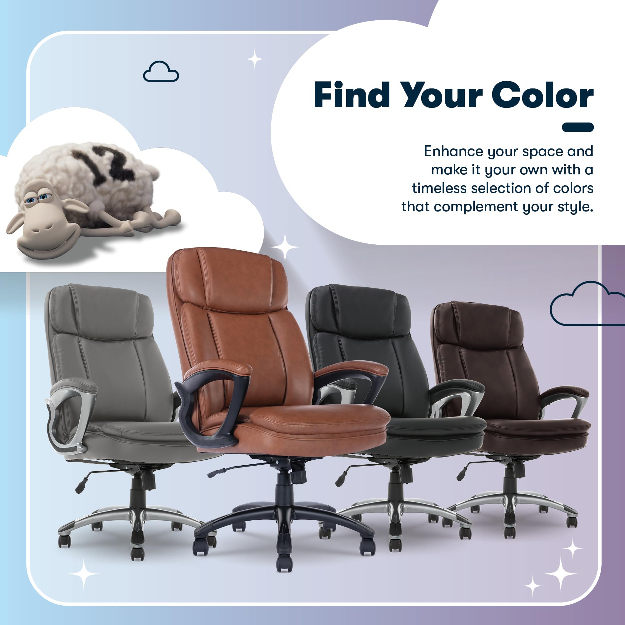 Serta Fairbanks Big & Tall Executive Office Chair, Ergonomic Comfy High-Back ComputerChairs with Lumbar Support, Semi-Plush Seat Cushion, Padded Armrests, Nylon Swivel Base, Bonded Leather, Cognac