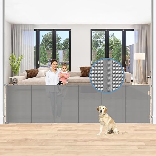 Miniatura 18 de Puerta retráctil reforzada para bebés de 75 pulgadas de ancho con barras de soporte, puertas retráctiles para perros extra largas mejoradas para