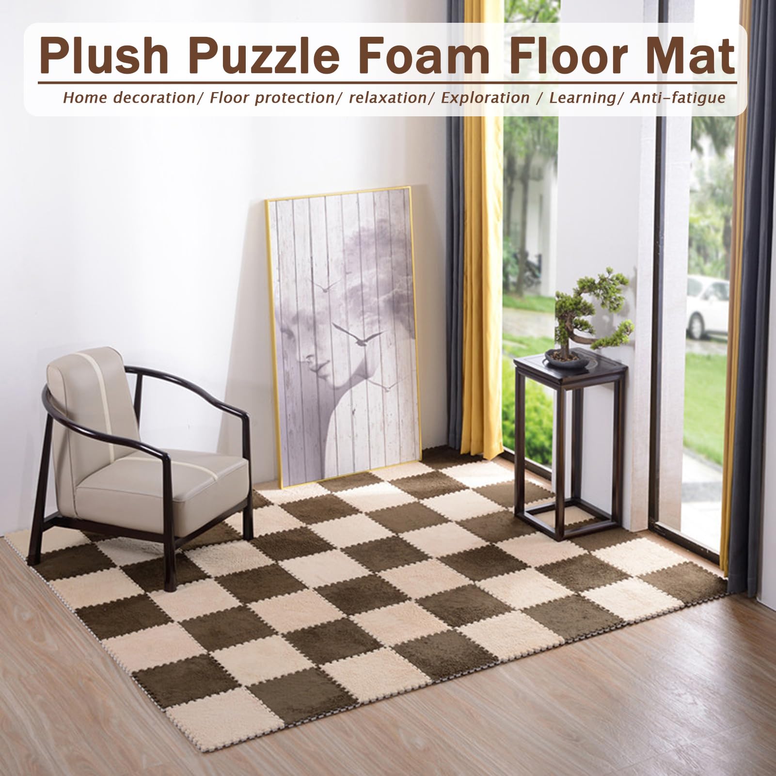 100 Stück Plüsch-Puzzle-Bodenmatte Aus Schaumstoff, Ineinander Greifende Teppichfliesen für Den Boden, Puzzle-Spielmatte, Heimdekoration