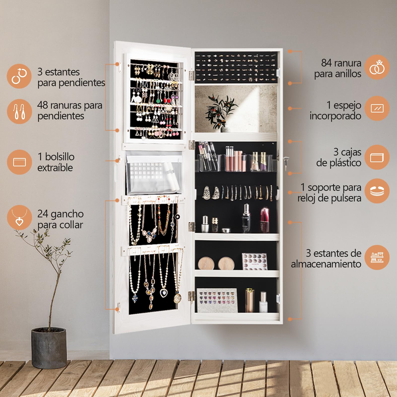 RELAX4LIFE Armario para Joyas de Pared con 2 Espejos y Luz LED Táctil, 40x12,5x120cm (Blanco)