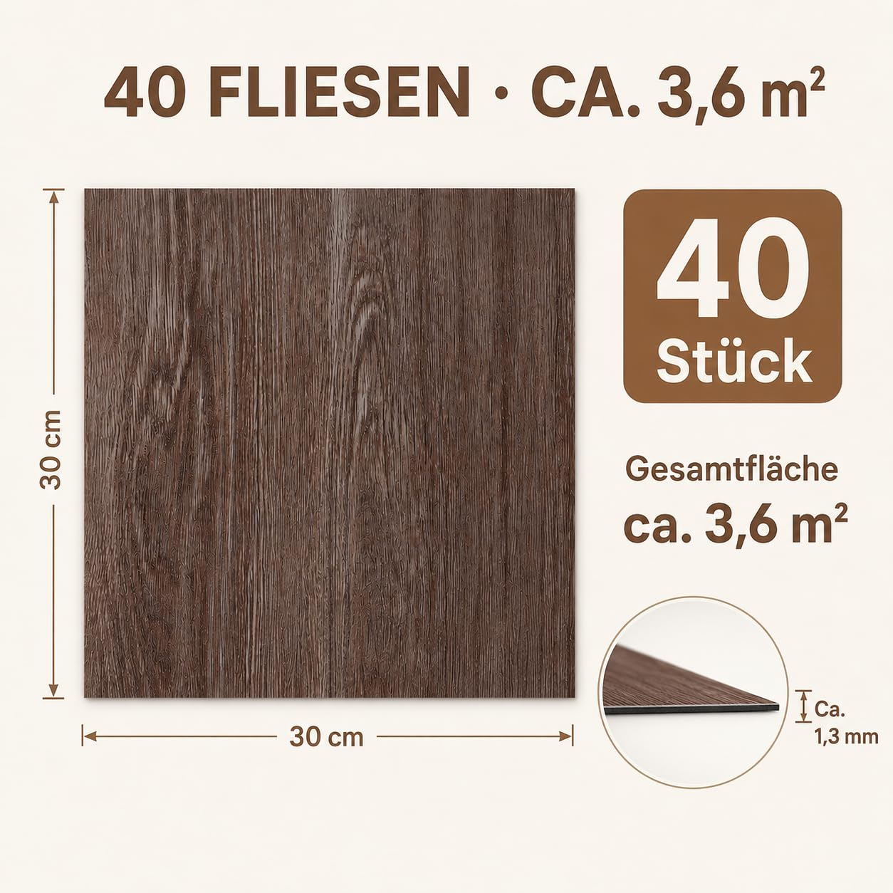 CYEER 40 unidades de suelo de vinilo autoadhesivo (3,6 m²) – 30 x 30 cm de PVC en aspecto de madera marrón – Baldosas impermeables autoadhesivas para cocina, salón y baño – DIY azulejos adhesivos para