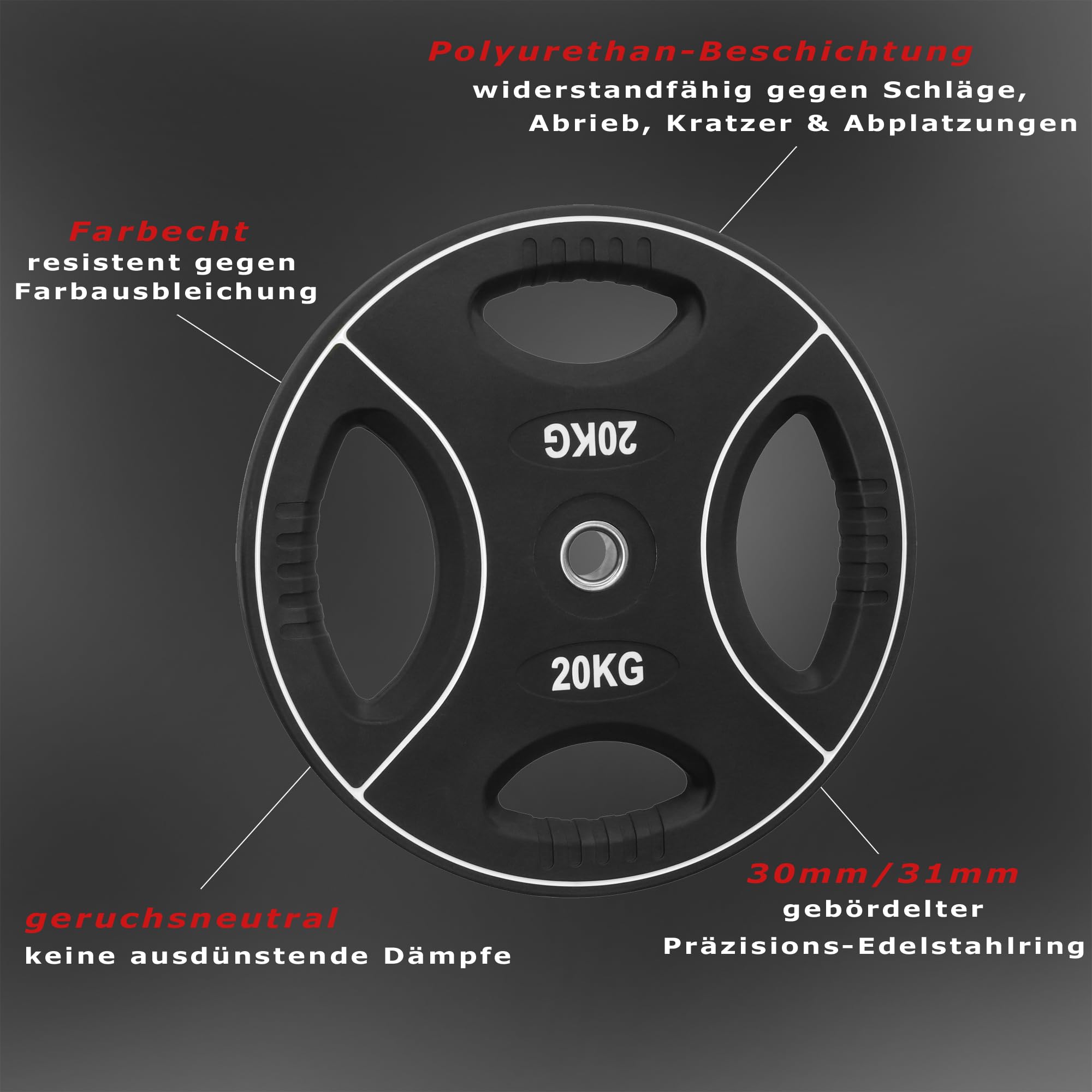 Hantelscheibe | Gewichtsscheibe | 30mm / 31mm | Polyurethan | mit Griffen | Geruchsneutral | Studioqualität | 1,25kg | 2,5kg | 5kg | 10kg | 15kg | 20kg | 25kg