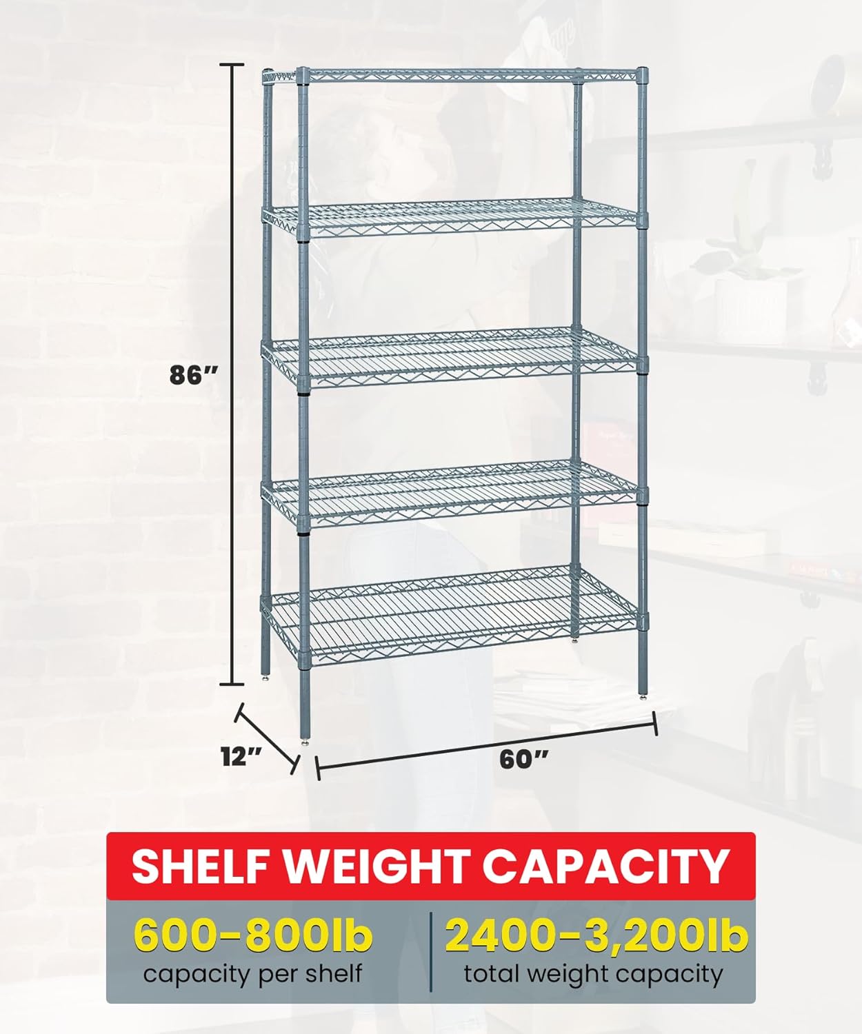 Quantum Storage Systems WR86-1260GY-5 Wire Shelving 5 Shelf Starter Units, 12" x 60" x 86", Gray Epoxy