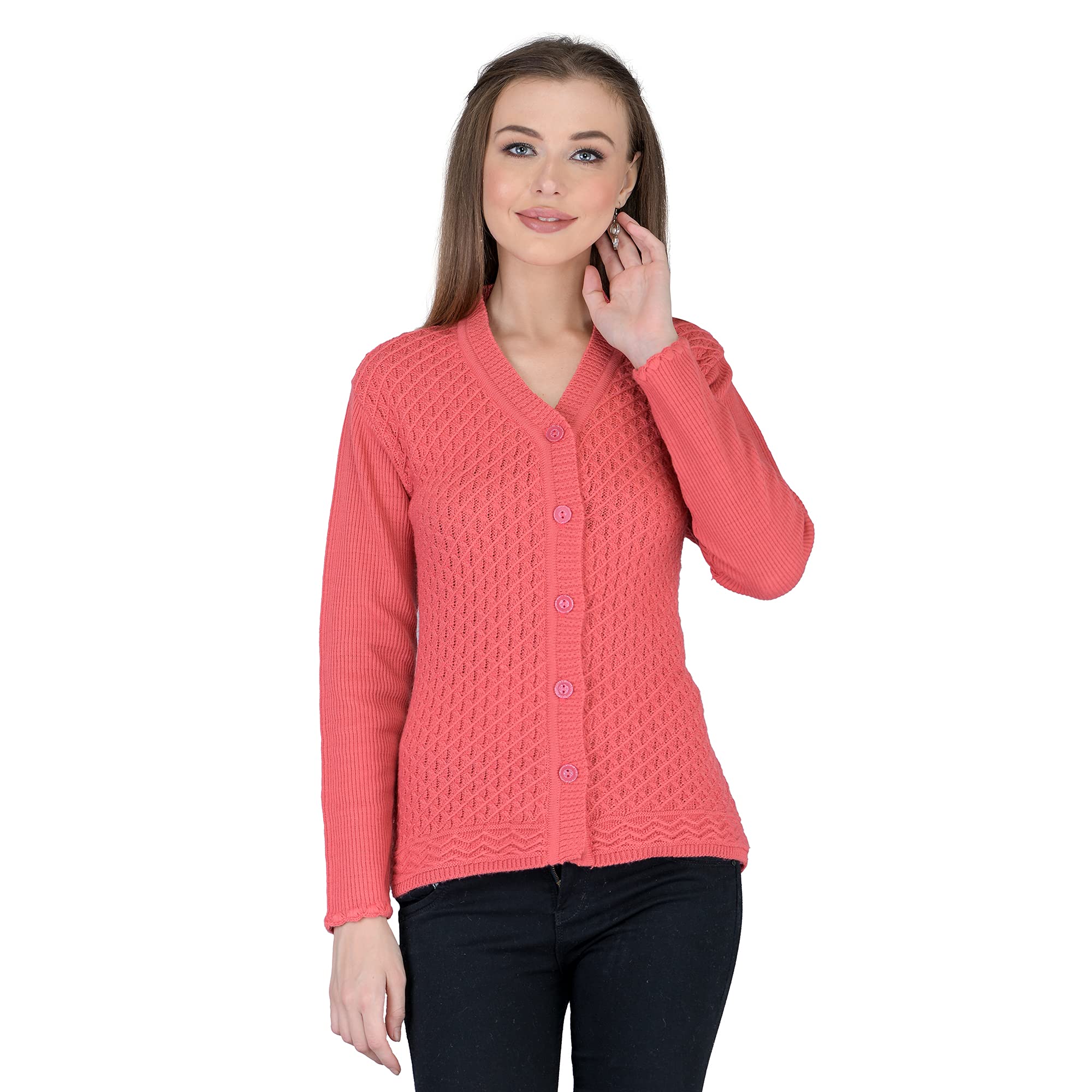lady willington Women's Woolen V-Neck Self Design Cardigan - Heavy Daffodil Fabric Winter Wear Pure Wool Cardigan for Women - Free Size Long Cotty Fully Warm - XL, Peach-picture-19