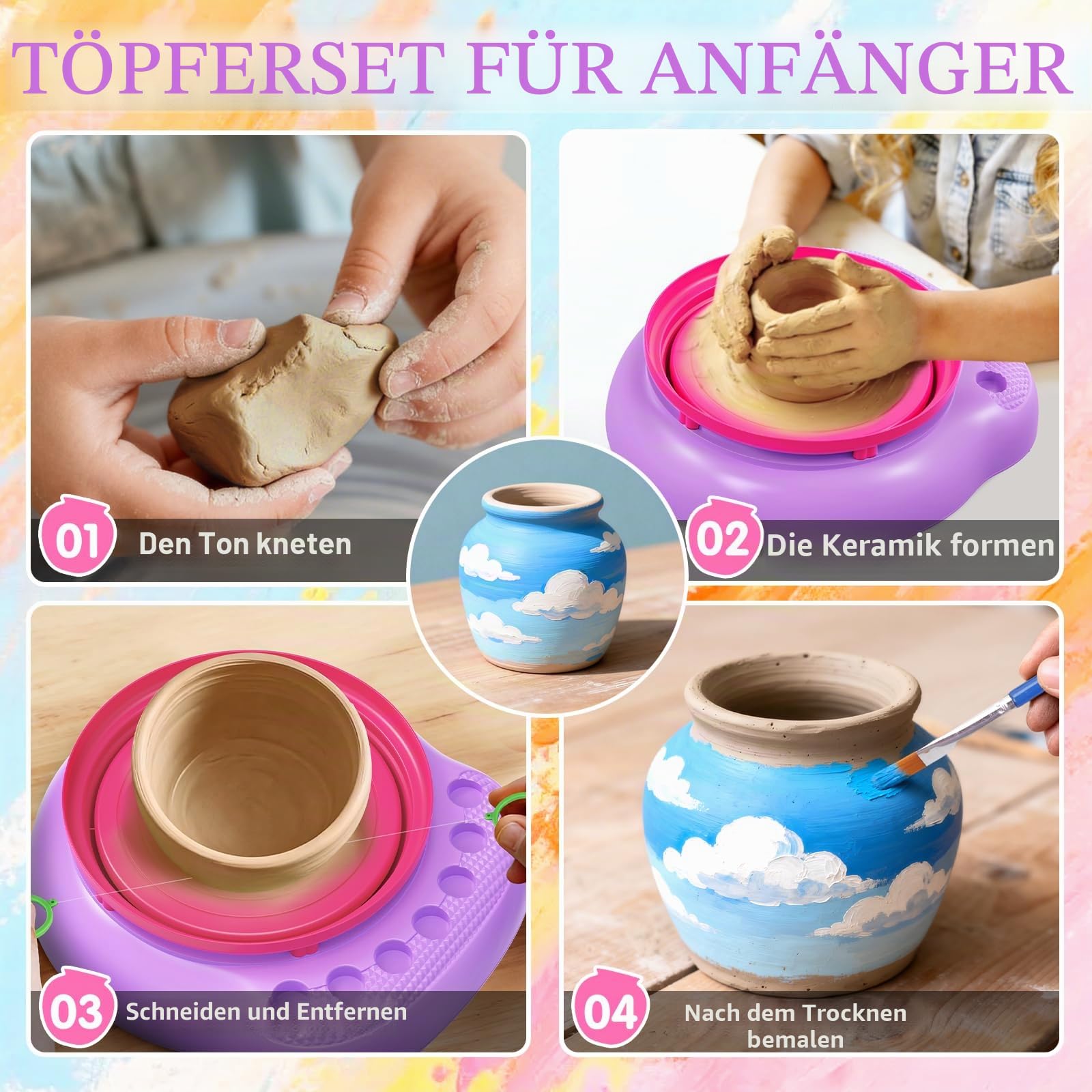 Töpferscheibe Kinder elektrisch,Töpferset 6-12 Jahre mit Ton | Komplettes DIY-Bastelset mit 3x lufttrocknendem Ton, 14 Farben, Fußpedal & USB – kreatives Geschenk für Mädchen und Jungen
