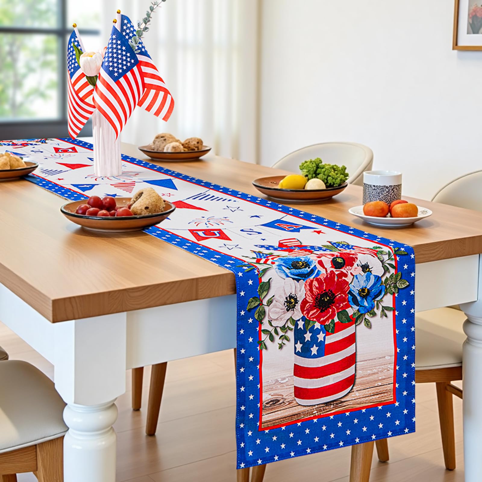 4th of July Patriotic Memorial Day Table Runner, 13 x 72 Inch America Stars Independence Day Holiday Kitchen Dining Table Decor for Indoor Outdoor