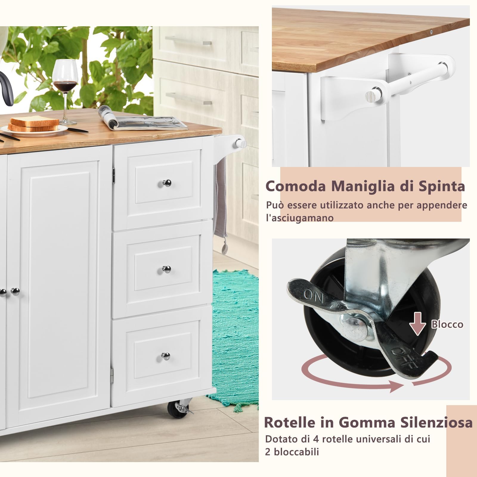 RELAX4LIFE Isola Cucina con Ruote Scorrevoli con Freni a Pedali, in Legno Verniciato con Armadietto e Cassetti Capienti,136 x 76 x 91 cm (BIANCO)