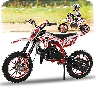 49cc 2-Stroke Kids Dirt Bike, Gas Power Motocross, Pocket Rocket Bike with Front Rear Disc Brakes, Off Road Mini Motorcycle, Pocket Motorbike, Racing Max Speed 40KM/H Red