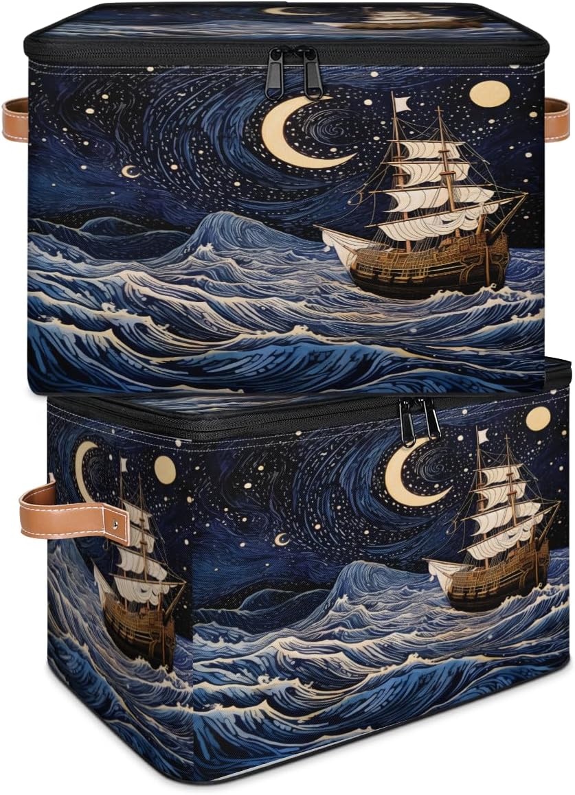 Storage Bin Set of 2 Ocean Ship Storage Basket with Zipper Lid & Handle Foldable Closet Shelf 2 Pack Cloth Organizer Basket Cube Bins Clothes Organizer for Bedroom, Nursery