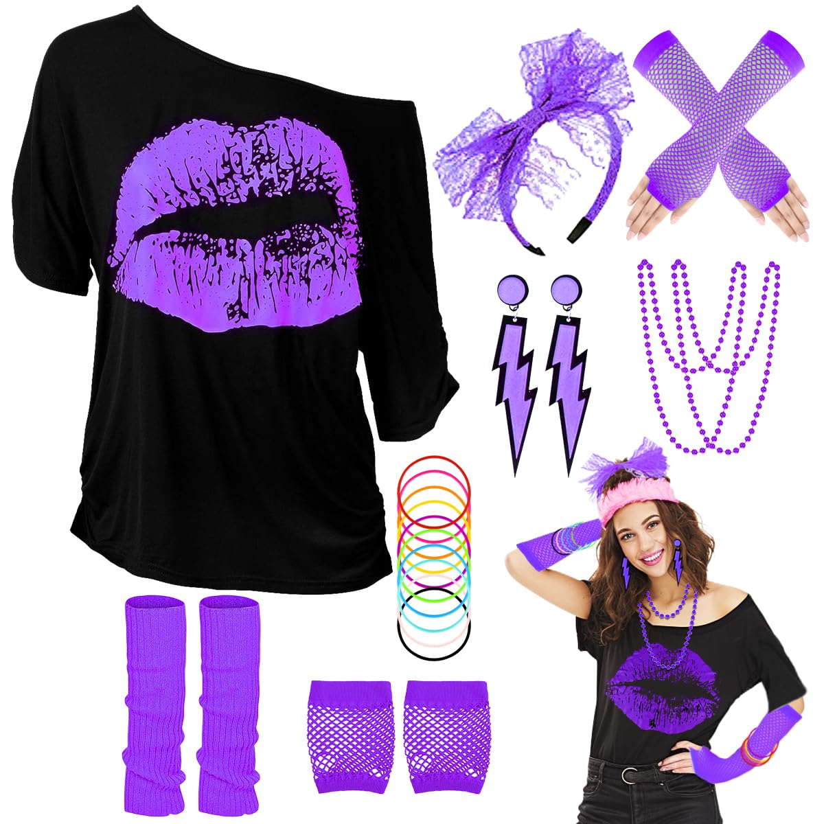 WILDPARTY 80er 90er Jahre Outfit Damen, T-Shirt, Beinwärmer, Stirnband, Ohrring, Halskette, Netzhandschuhe, 80er 90er Jahre Kostüm Mottoparty Accessoires Kleidung Neon Party Karneval JD