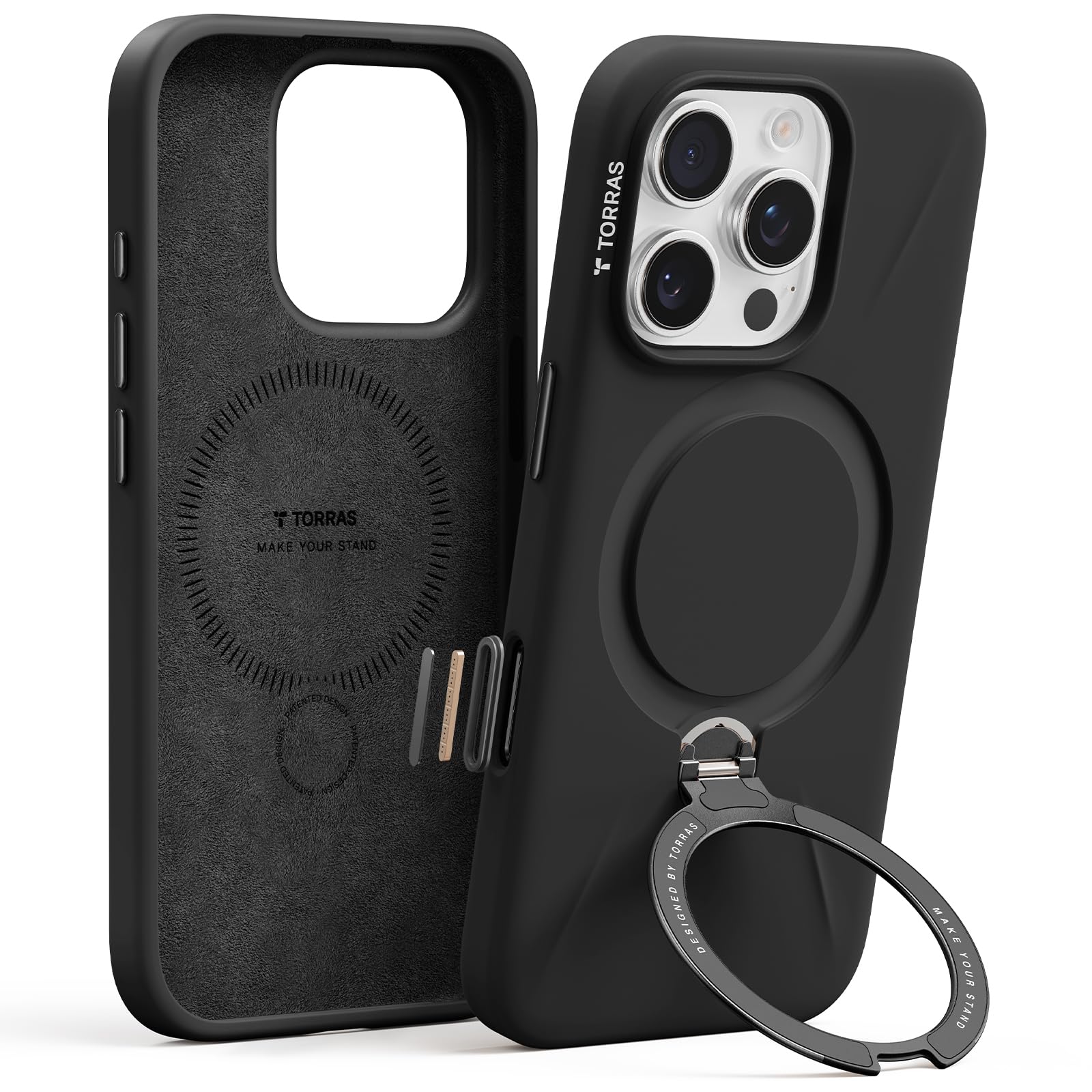 TORRAS Liquid Silicone Case, Stand for iPhone 16 Pro Case, Obsidian Black
