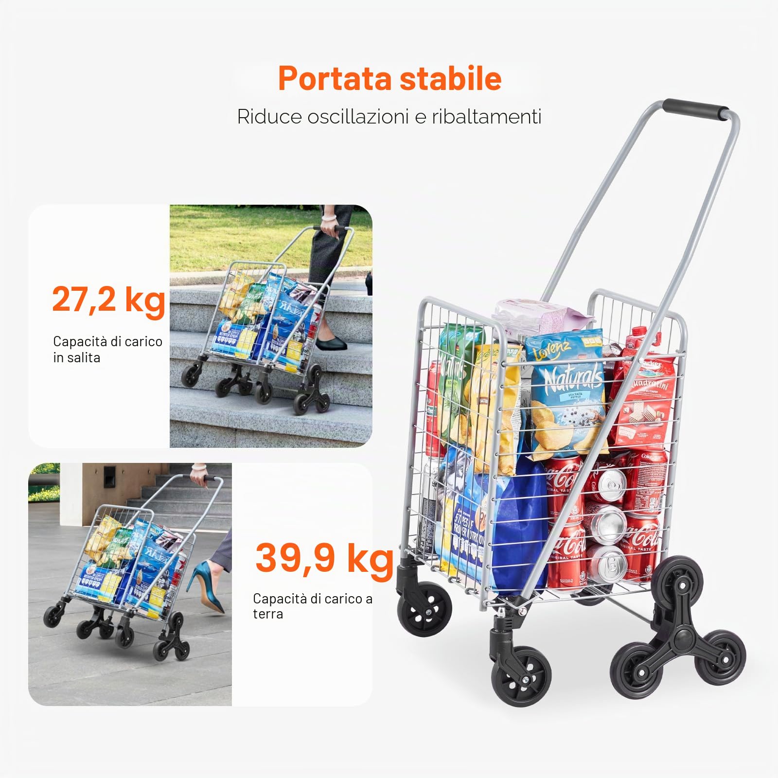 VEVOR Carrello della Spesa per Salire Scale da 45 L con Ruote Girevoli a 360°, Carrello Multiuso per Salire Scale con Tre Ruote, Carrello per Scale, Pieghevole e Leggero per Bucato in Viaggio, Argento