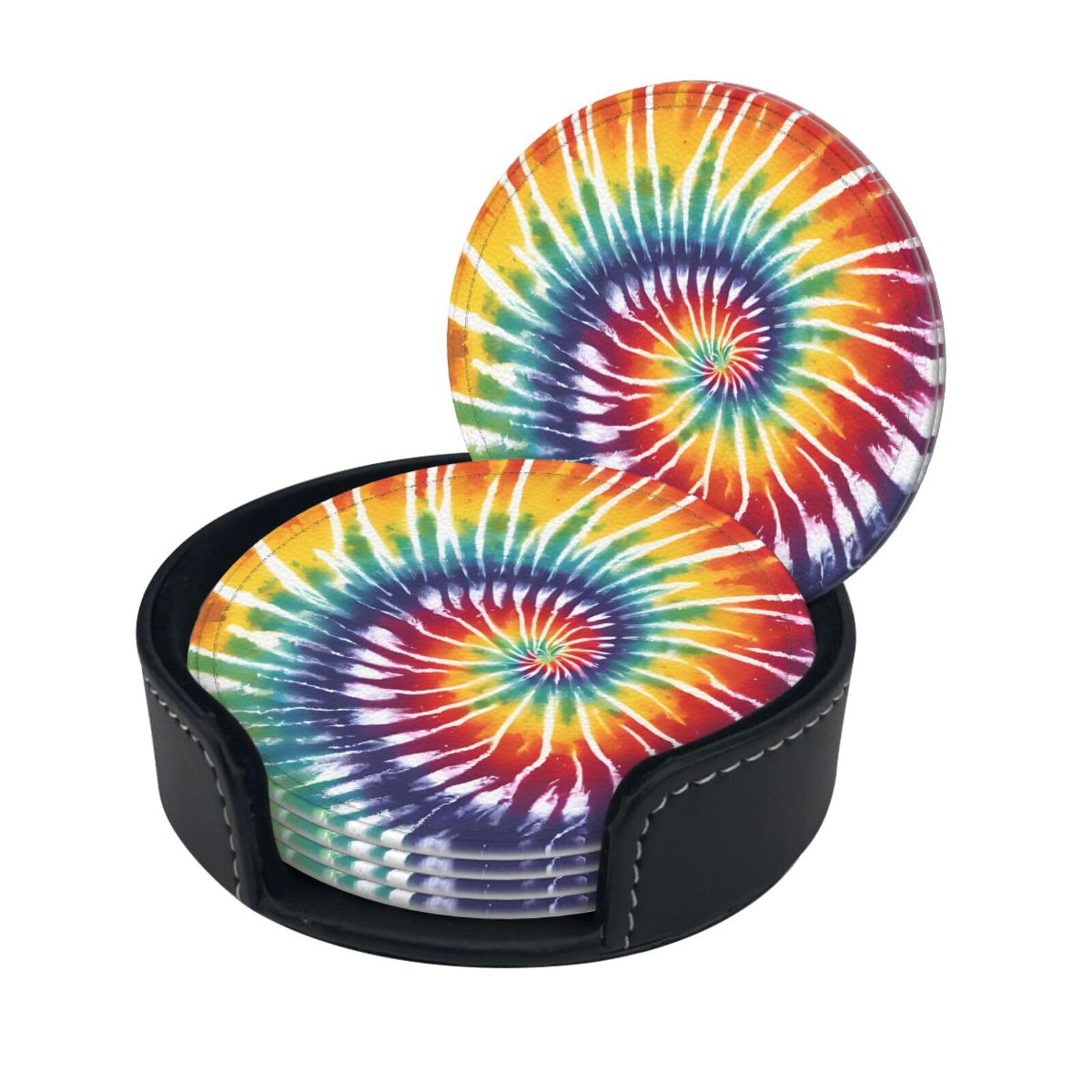 Tie Dye Rainbow Print Coaster,Round Leather Coasters with Storage Box for Wine Mugs,Cold Drinks and Cups Tabletop Protection (6 Piece)