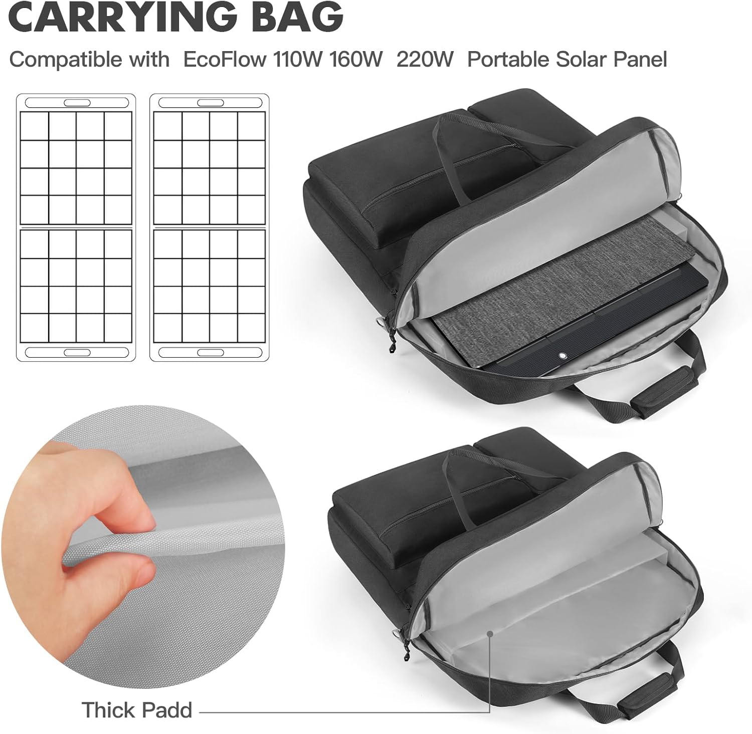Travel Carrying Case Compatible with ECOFLOW 110W 160W 220W - Solar Panel Storage Bag for 2 Battery Panels Double-Layer Solar Panel Carrier with Shoulder Strap, Multiple Pocket