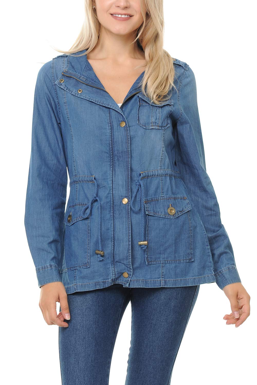 Womens Chambray Denim Military Lightweight Anorak Shirt Jacket