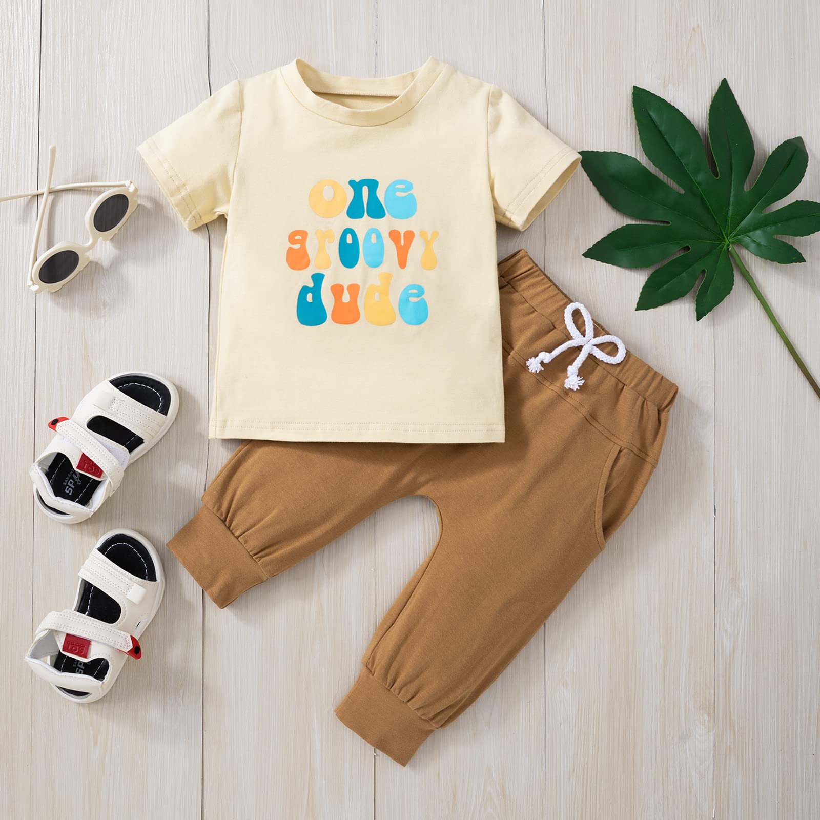 1st Birthday Baby Boy Outfit Groovy One/Two Groovy Short Sleeve Letters T-Shirt + Shorts/Pants Boy Summer Clothes (One Groovy Dude Pants,6-12 Months)