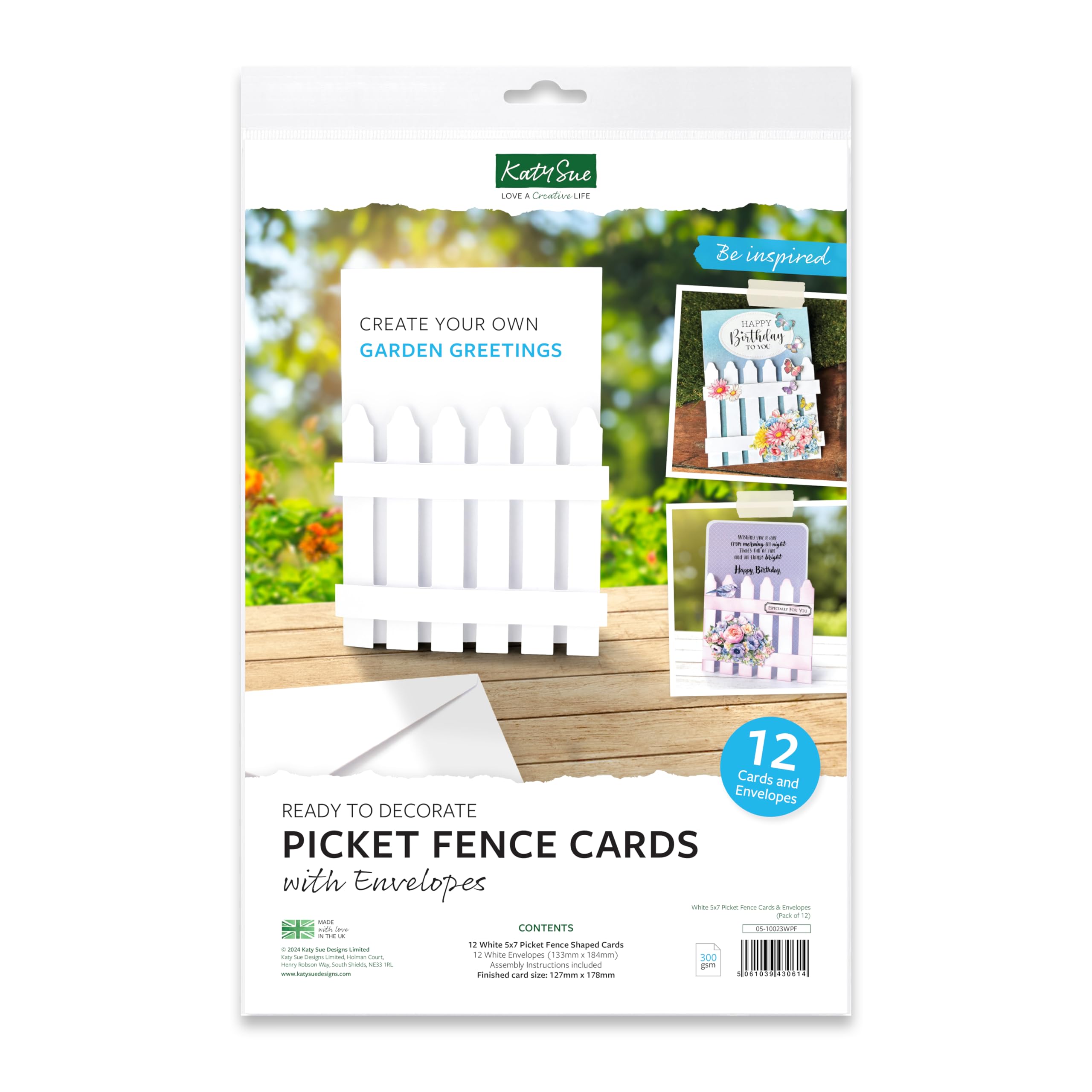 Katy Sue White Picket Fence Shaped Card Blanks & Matching Envelopes, 12 Pack, Card Size 5 x 7 Inches for Card Making Supplies. Card and envelopes for Card Making