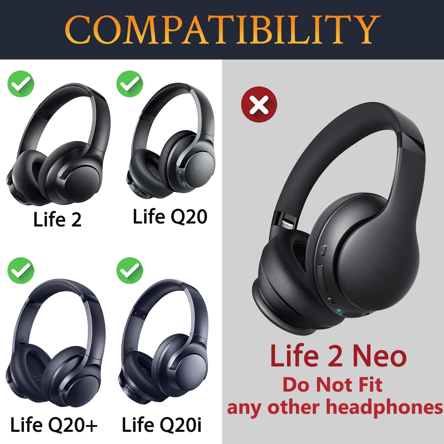 SOULWIT Ear Pads Cushions Replacement for Anker Soundcore Life 2 (Not fit Life 2 Neo)/Q20/Q20+/Q20I/Q20BT Headphones, Ear Pads with Softer Protein Leather, Noise Isolation Foam - Navy Blue — Amazon image 3
