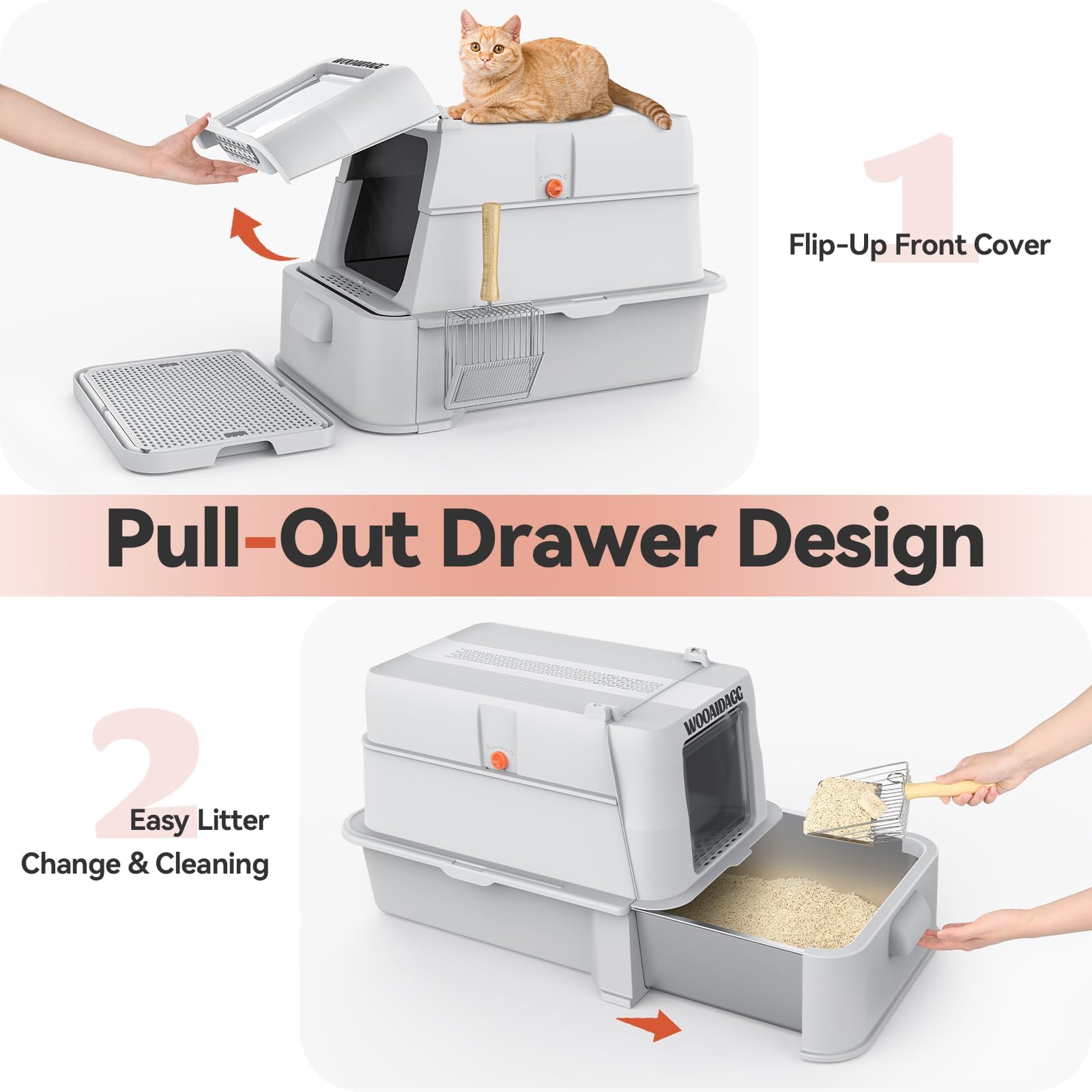 Covered Stainless Steel Cat Litter Box with Odor Control, Modular Design with Drawer, Easy to Clean with Scoop,XL Size Fits All Cats (Light Grey)