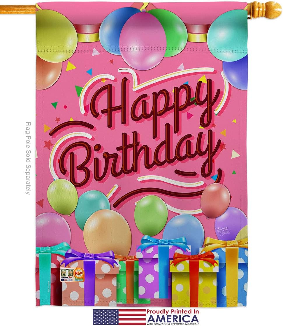Celebrate Happy Birthday House Flag Dowel Set Celebration Cake Gift Present Candy Bouquet Occasion Anniversary Party Small Decorative Yard Banner Made In USA 28 X 40