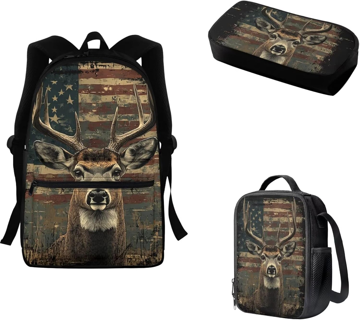 FKELYI Deer 15 Inch School Bags for Kids Boys Ages 3-6 Retro American Flag 3 Piece School Backpacks with Lunch Bag and Pencil Holder Set Front Zipper Pocket Bookbag Set