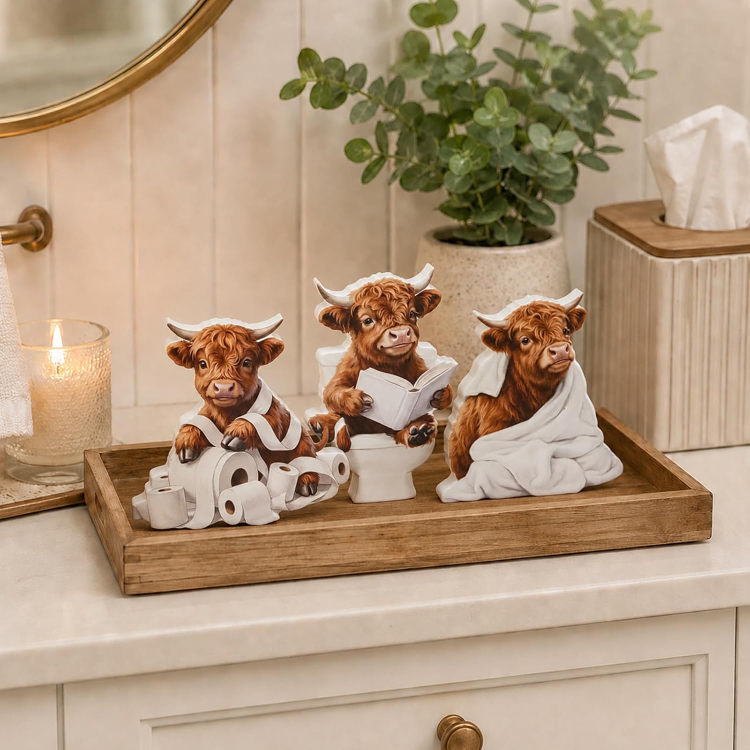 3 Pcs Funny Highland Cow Decor Wooden Tabletop Centerpieces Decor Set