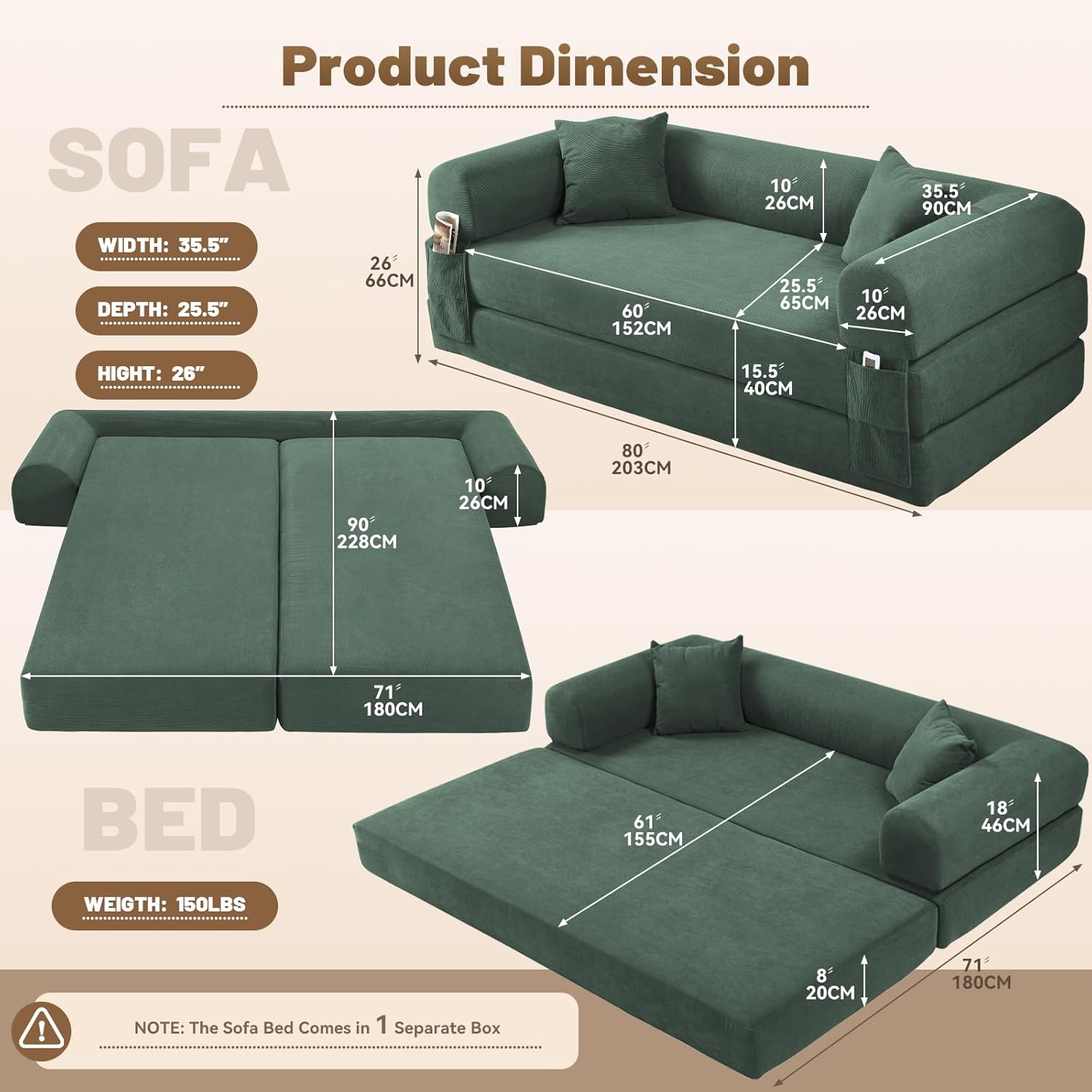 80 Inch Convertible Sofa Bed,Folding Pull Out Couch with Pillows & Storage Pocket,Corduroy Queen Sleeper Sofa in a Box,No Assembly Boneless Couch for Living Room,Light Green