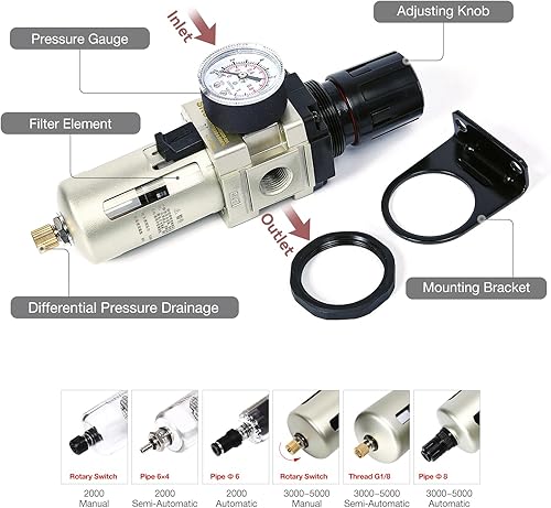 Miniatura 3 de SNS Regulador de Filtro de Aire de Aire Comprimido Combo Piggyback 38''NPT - Cuenco de Polietileno con Protección Metálica, Drenaje Semiautomático,