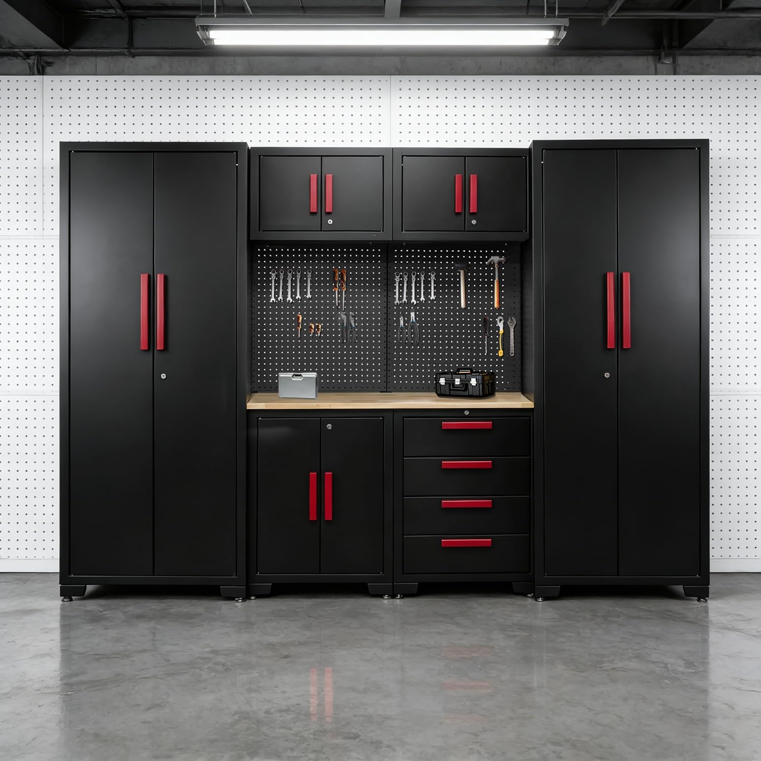 Garage Storage Cabinet System, 8PCS Garage Cabinets and Storage System Corner Workshop Set with Corner Cabinet, Cabinet Drawers, Workbench, Pegboard for Tool Organization