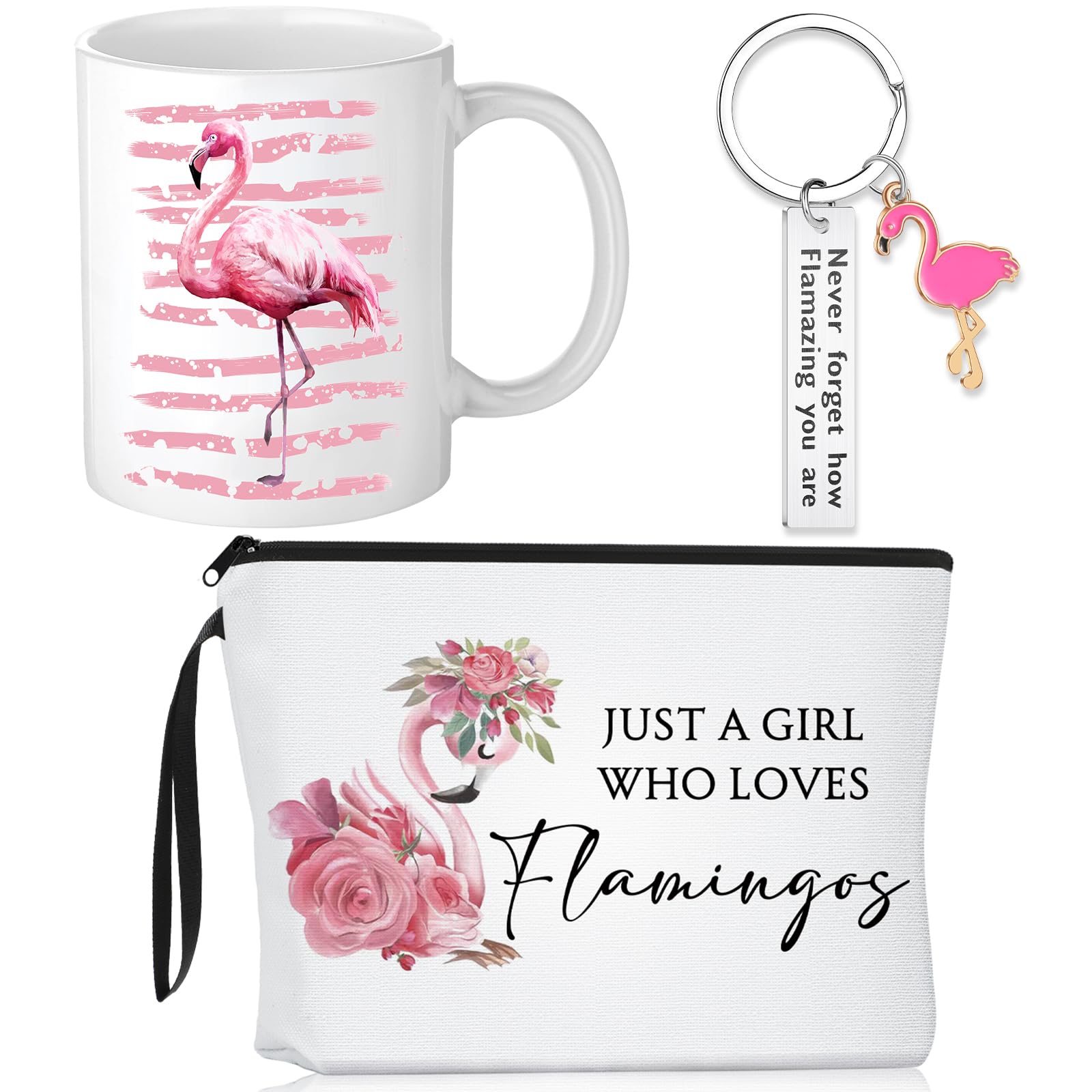 Reginary 3 Pcs Flamingo Gifts Bulk for Women Girl Adult Pink Flamingo Mug Makeup Bag Keychain for Birthday Party Gift