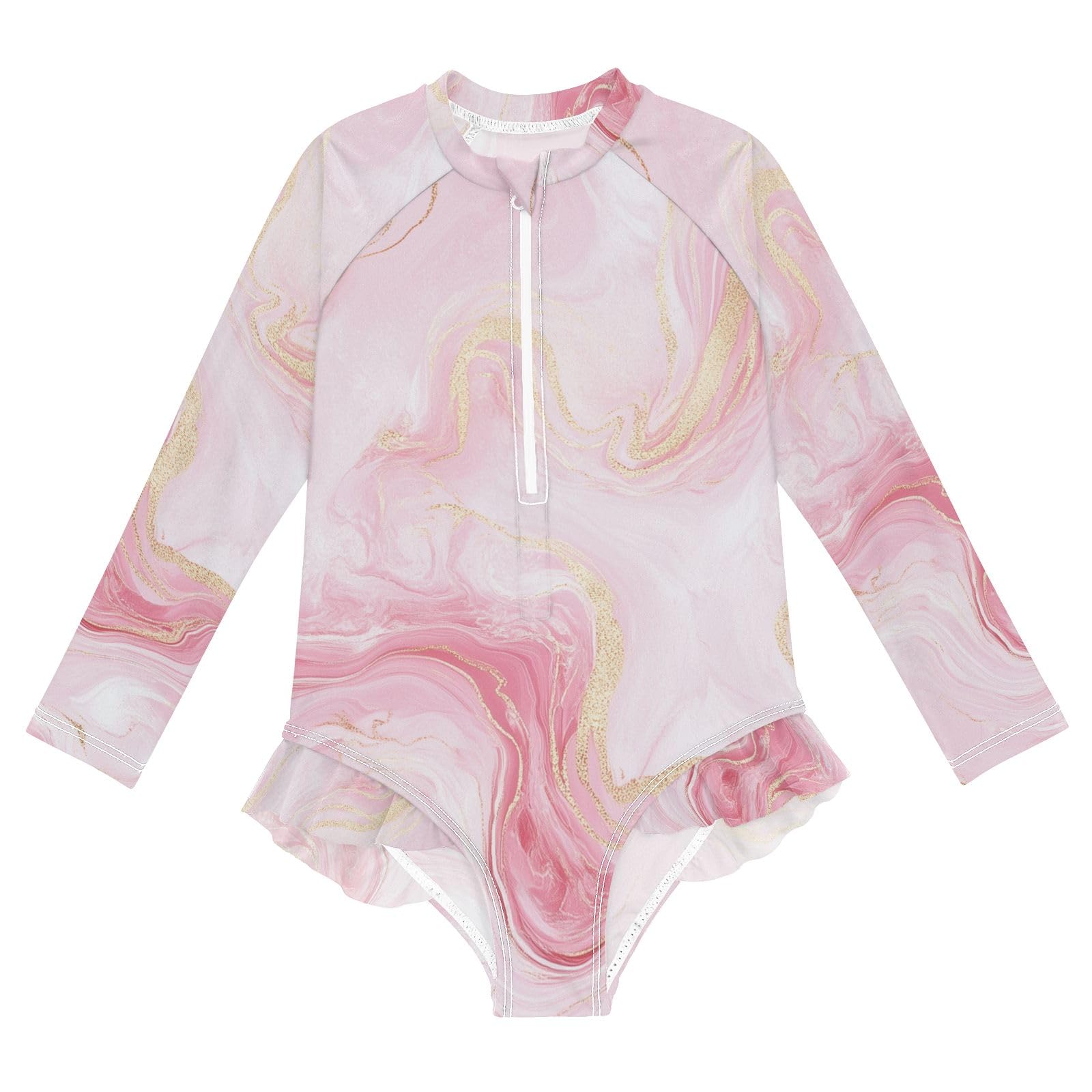 ALAZA Swimsuit for Girls Long Sleeve Rashguard Bathing Suit Soft Pink Marble Quick Dry 4T