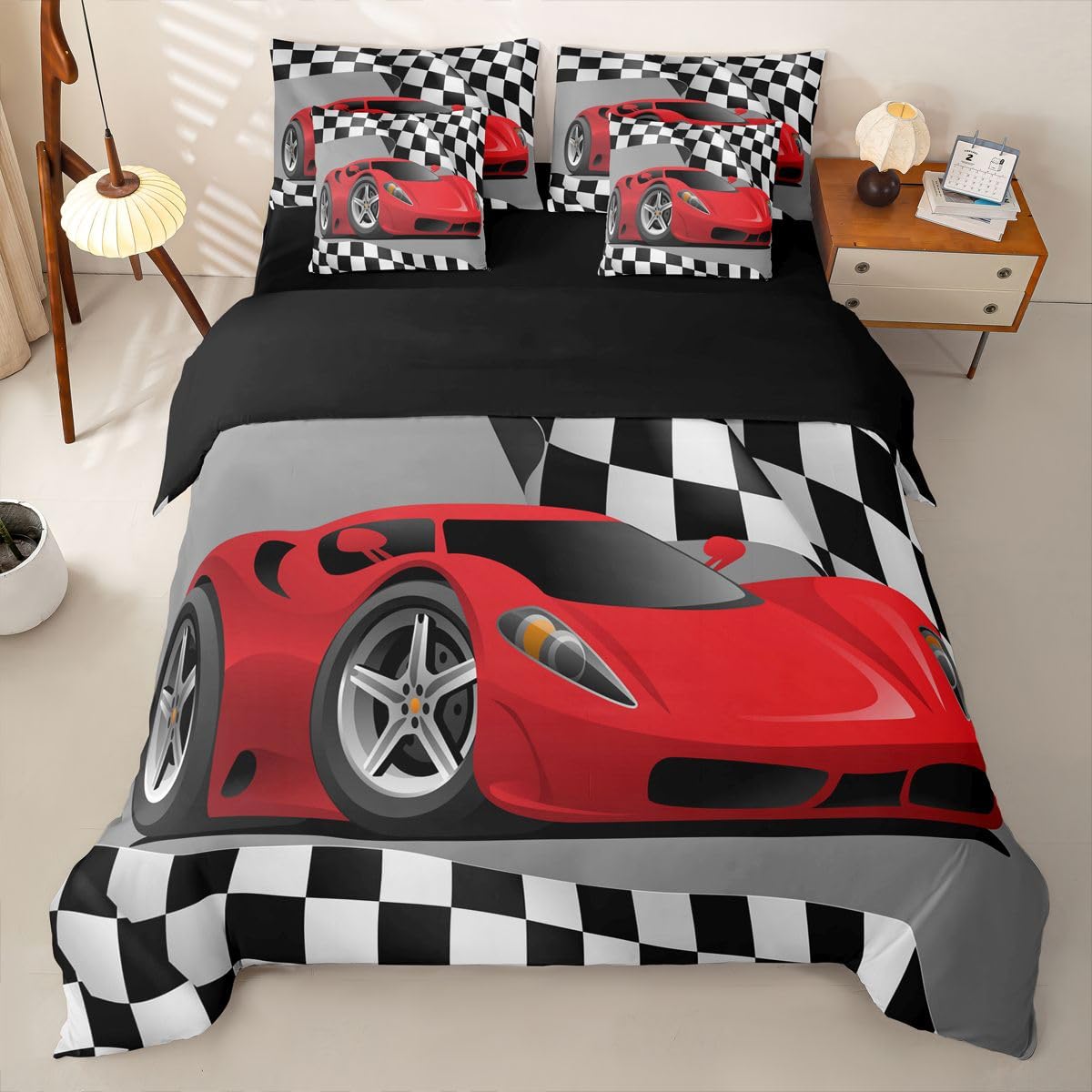 Loussiesd Juego de ropa de cama de 7 piezas con funda de edredón, sábanas, fundas de almohada, fundas de cojín, decoración de dormitorio, diseño de coche de carreras, color rojo, tamaño Super King