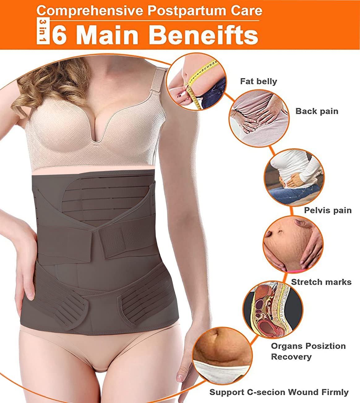 Ceinture ventrale post-partum 3 en 1 pour la récupération post-partum – Ceinture ventre/taille/bassin pour femme – Taille XL, noir…