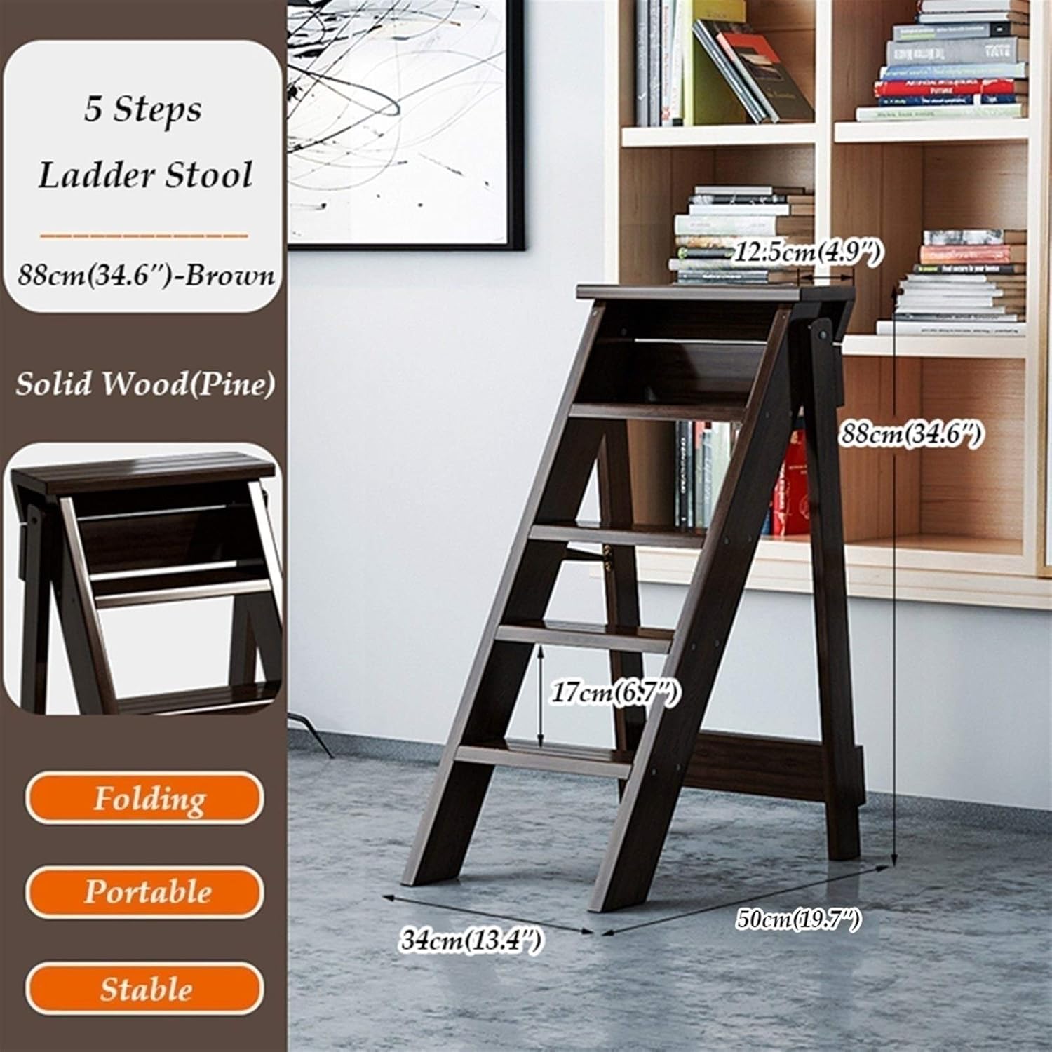 Folding Wood Stool Ladder Chair with Non Slip Tread 5 Step Portable Stairway for Indoor Climbing Space Saving Storage and Flower Rack Stand