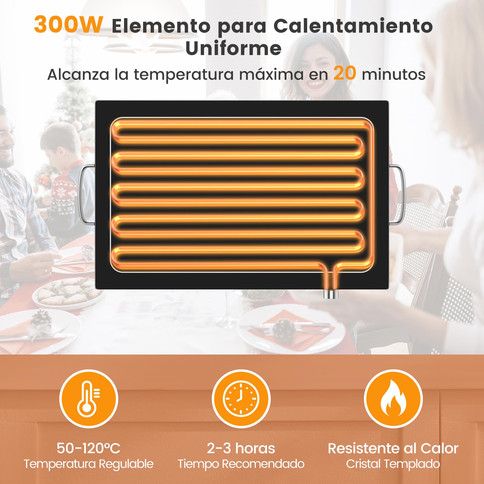 COSTWAY Calentador de Alimentos, Servidor de Buffet, Bandeja de Acero Inoxidable, Calentador de Comida con Tapa de Vidrio Resistente, Calentador de Platos, 300W, Temperatura Ajustable