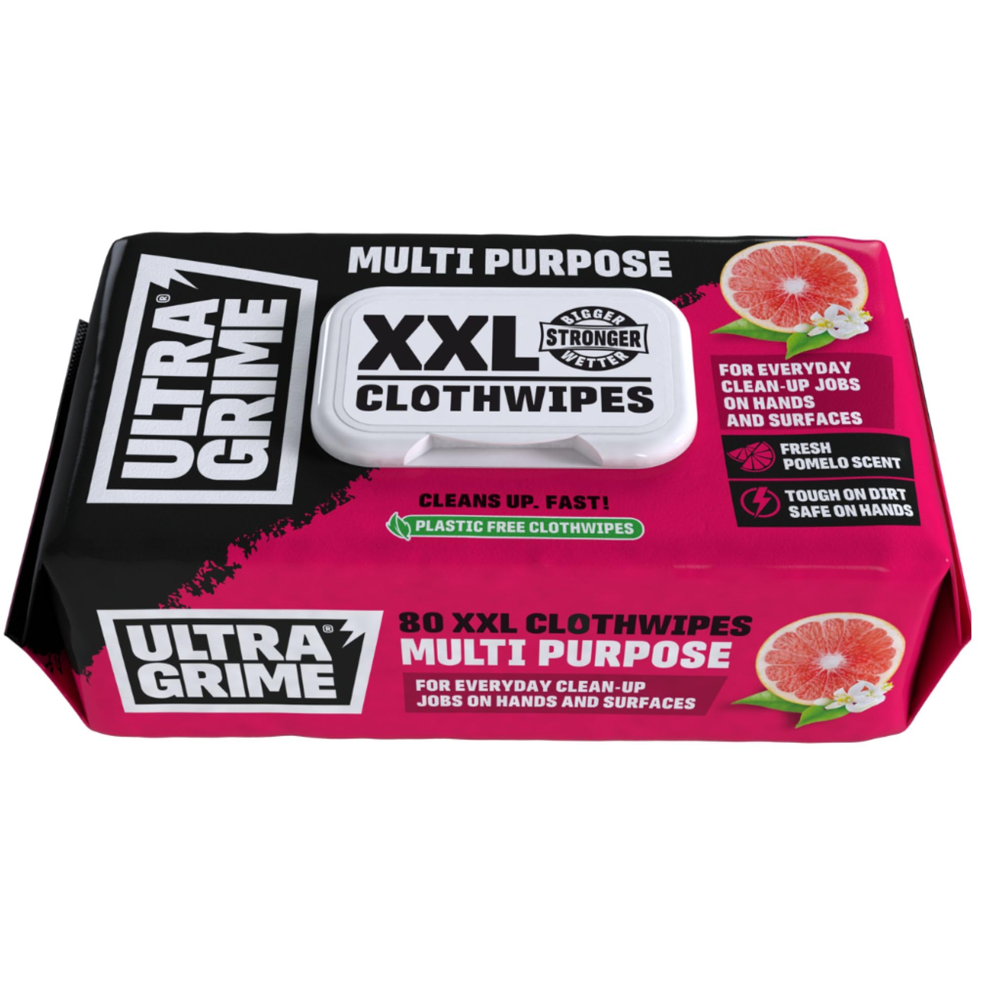 UltraGrime Multi Purpose Family XXL Biodegradable 80 Clothwipes - Pomelo Scented Large Wet Cloths - Heavy Duty Multi Purpose Cleaner