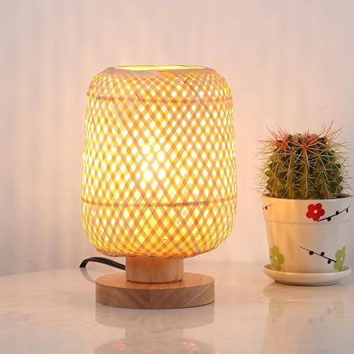 Miniatura 7 de Lámpara de mesa bohemia regulable pequeña de ratán para mesa auxiliar, de mimbre vintage, de madera, de bambú, para dormitorio, sala de estar