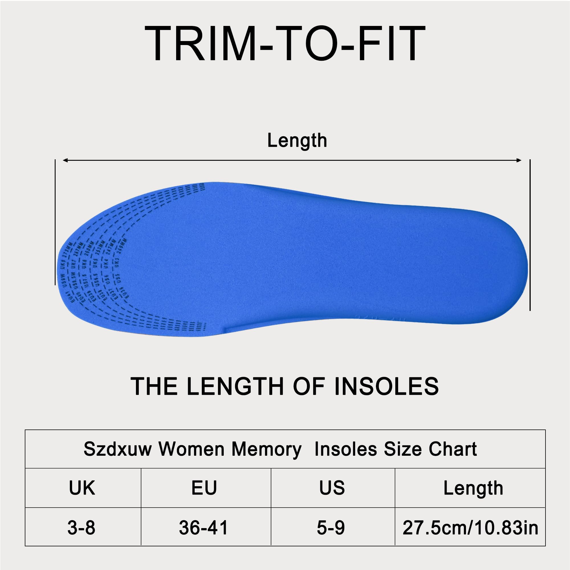 Szdxuw Solette in Memory Foam Uomo Donna, Inserti per Scarpe Regolabile alla Misura Comfort Assorbimento Traspirante degli urti Imbottitura per il Supporto del Piede Suole Interne, Donna Blu Navy