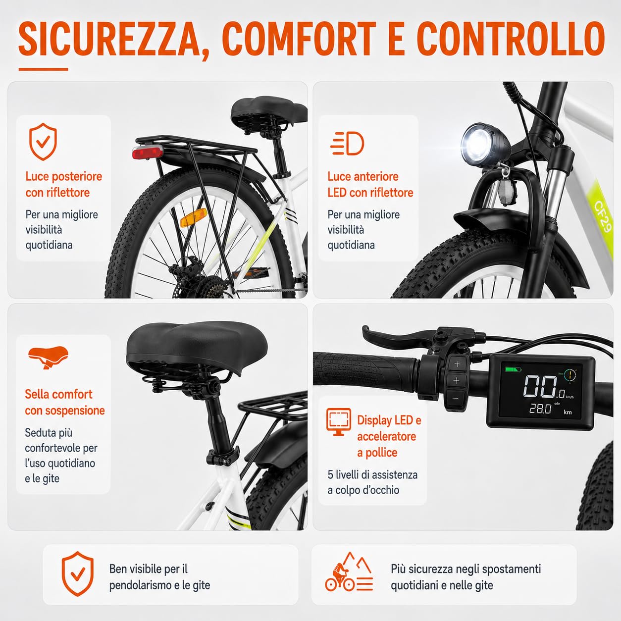 CF29 Mountain Bike Elettrica Uomo 29 Pollici, 250W Bicicletta Elettrica, Batteria 48V 15Ah fino a 100 km, 45 Nm, Cambio 21 Velocità, Freni a Disco, per Pendolarismo, E Montagna