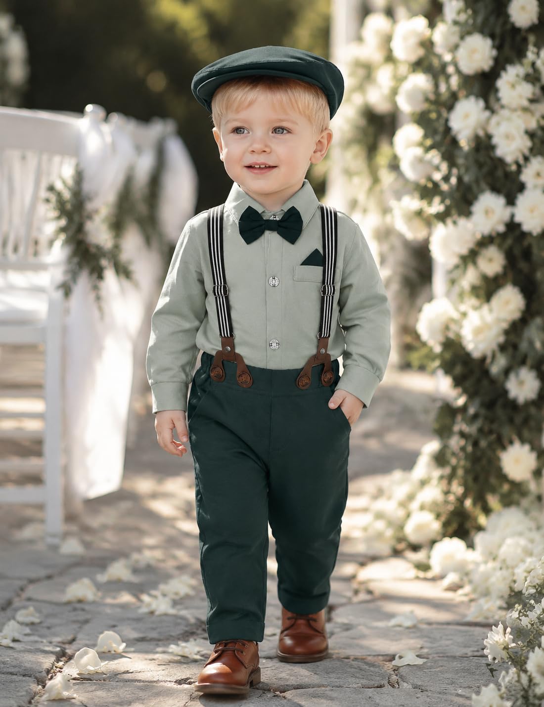 mintgreen Bebé Niño Traje 3PCS Caballero Boda Ropa Formal Camisa Conjunto Tirantes Pajarita Corbata con Sombrero 3-18 Meses