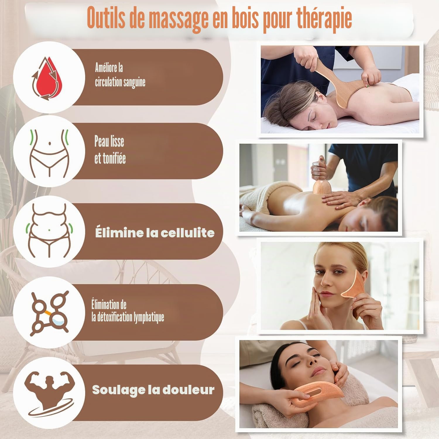 Ensemble d'outils de massage en bois 6 en 1 professionnel complet Maderoterapia Rouleau de massage Gua Sha Kit de massage fascia Rouleau Outils de sculpture du corps pour façonner le corps Soulagement