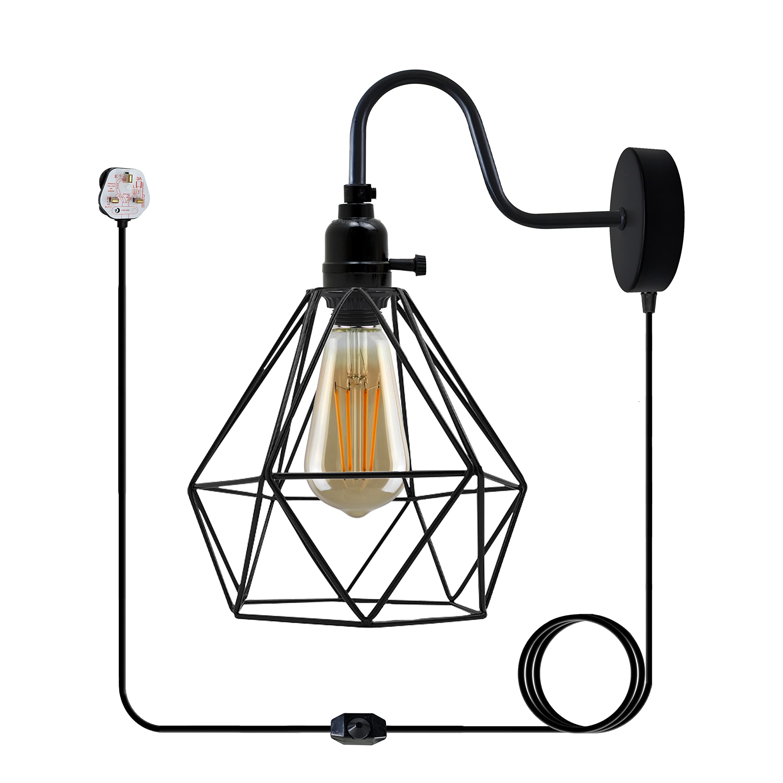 LEDSone Industrial Swan Neck Metal arm Plug in Wall Light, Vintage Wall Lamp, Wire cage Wall Sconce E27 Base lamp Holder with On/Off Switch for Office (Black)
