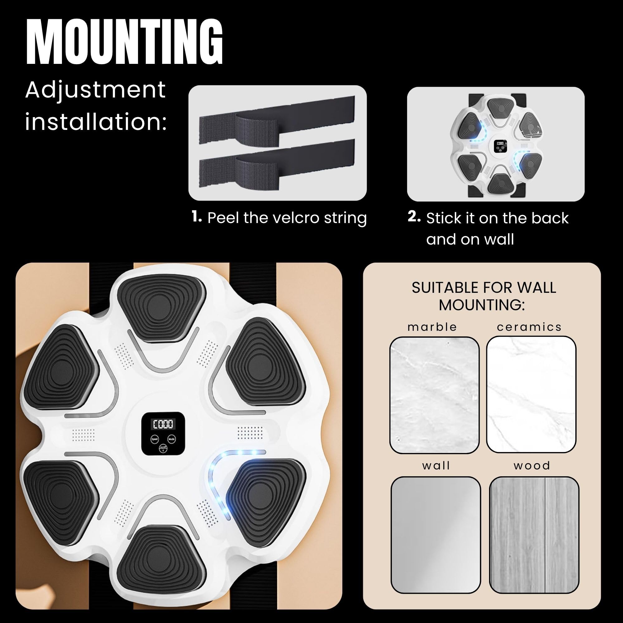 Máquina de Entrenamiento de Boxeo Musical. Equipo de Boxeo para Pared con LED, Guantes de Boxeo, Bluetooth y Luces al Ritmo de la Música. Maquina de Boxeo para Niños/Adultos. (9 modos, 37x37 cm)