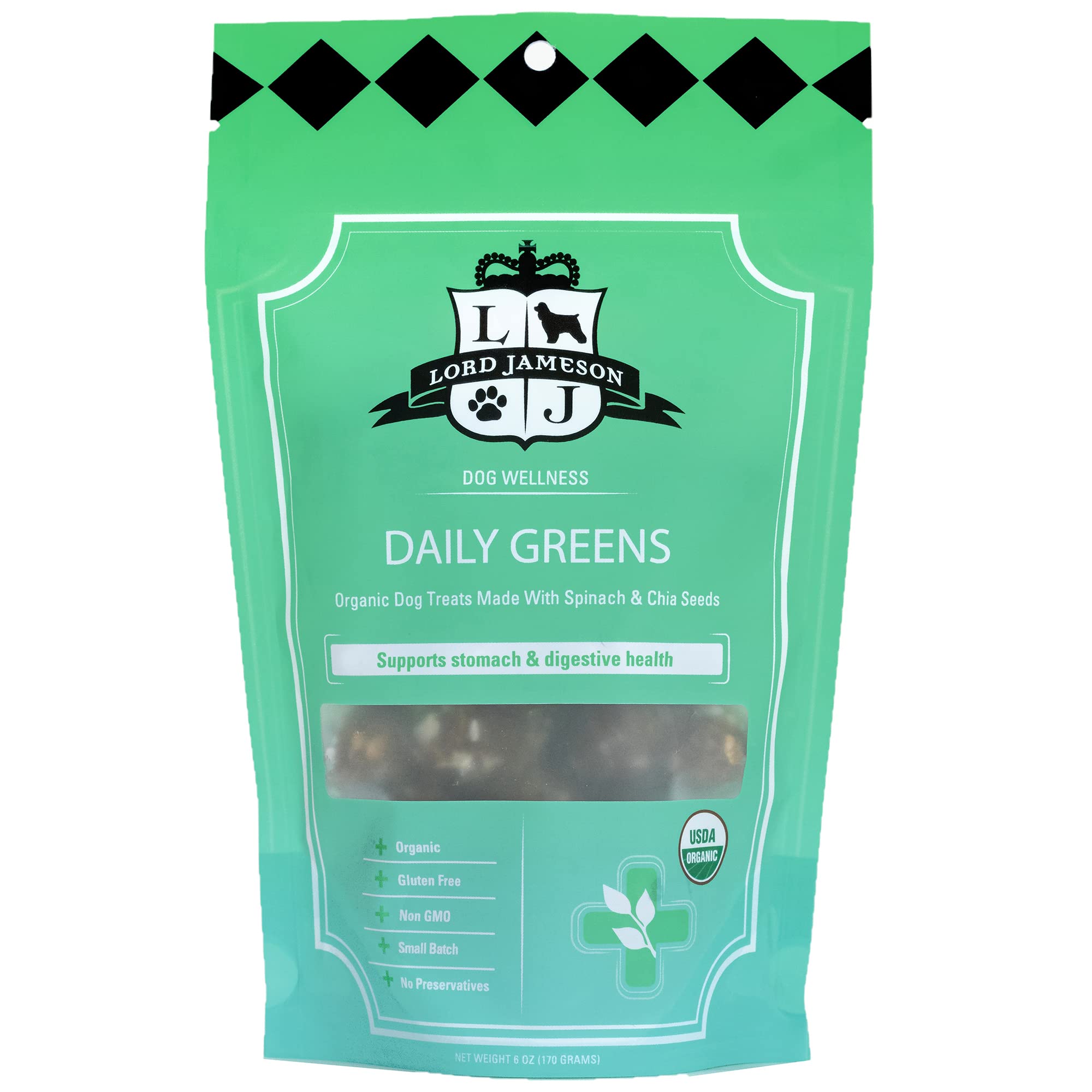 Lord Jameson Daily Greens Soft & Chewy Organic Dog Treats - Digestion Supporting Spinach, Dandelion, & Ginger - No-Bake, Gluten-Free,
