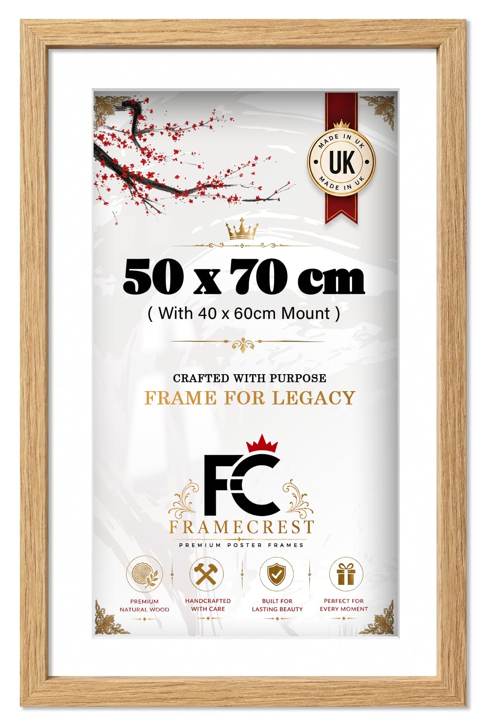 FRAMECREST LTD 50 x 70 cm Perspex Picture Frame With 60 x 40 cm White Mount, Oak Photo Frame For Portrait And Landscape Wall Hanging Gallery Ready Poster Display For Art And Photos - [Oak]