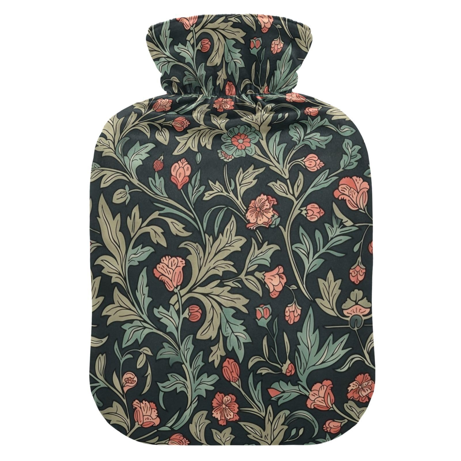 YNNALE Retro Sage Green Red Floral Hot Water Bottle with Cover, 2Liter Soft Velvet Winter Warm Water Bag for Neck and Shoulder Pain Relief Period Cramps Bed Hand Feet Warmer