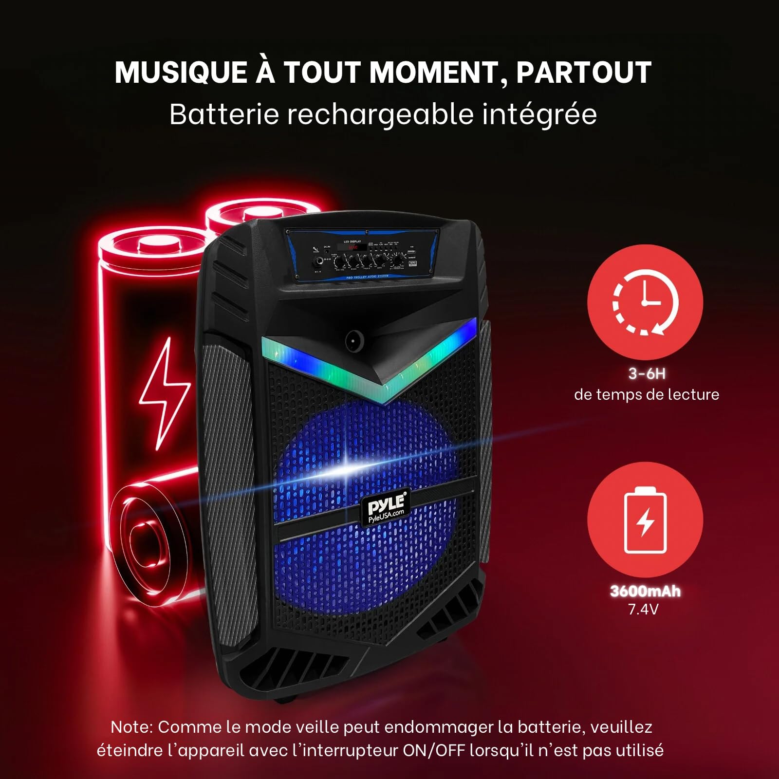 Pyle Enceinte Sono Bluetooth Portable – 1200W, Batterie, Noir Subwoofer et Tweeter LED Éclairage Micro Filaire SD,USB,AUX Radio FM Enregistrement et Roues