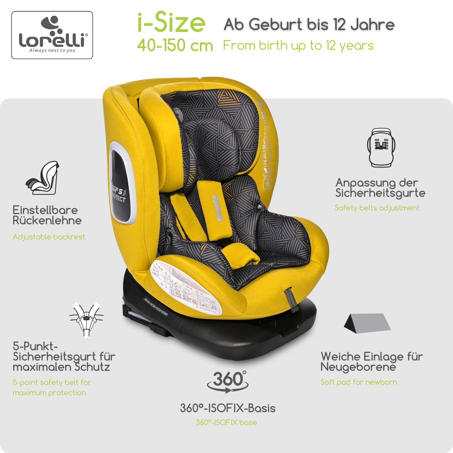 Lorelli Auto Kindersitz Phoenix mit Isofix, 360 Grad drehbar, (0-36 kg) Mitwachsender Autositz i-Size 40-150cm - Gruppe 0+/1/2/3, Babysitz ab Geburt, 5-Punkt-Gurt, Einstellbare Kopfstütze, gelb
